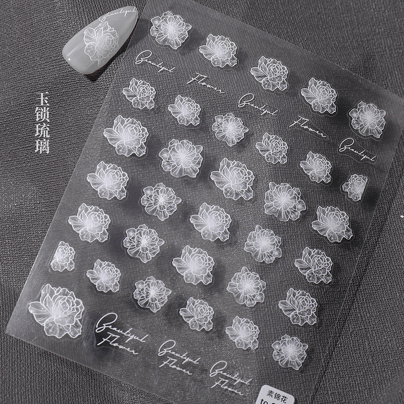 De estilo japonés en línea celebridad uñas pegatinas encaje hueco calcomanías Jade bloqueo esmalte alivio impermeable acabado blanco con adhesivo