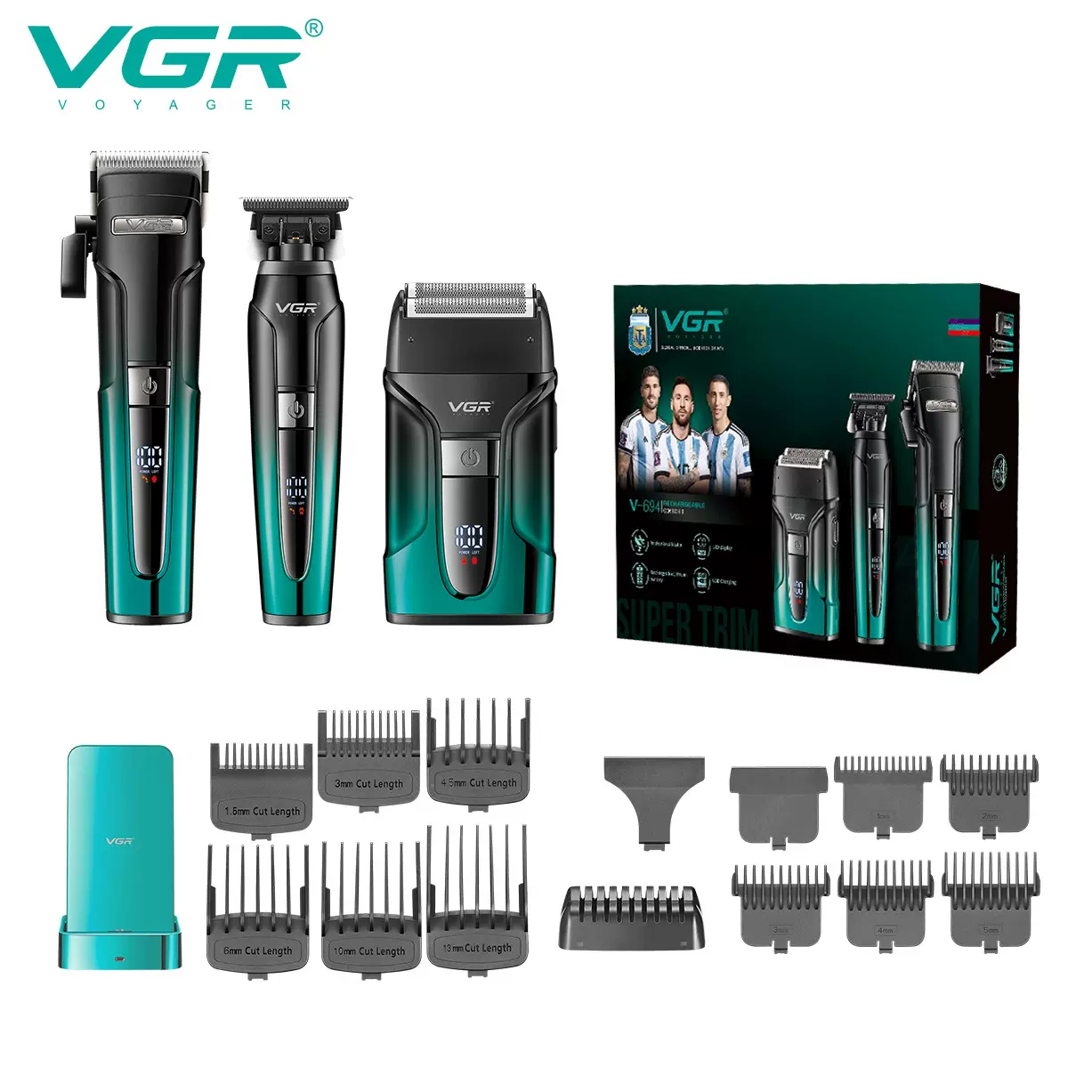 VGR694跨境往复式电动剃须刀雕刻剪多功能理发器数显电推剪套装