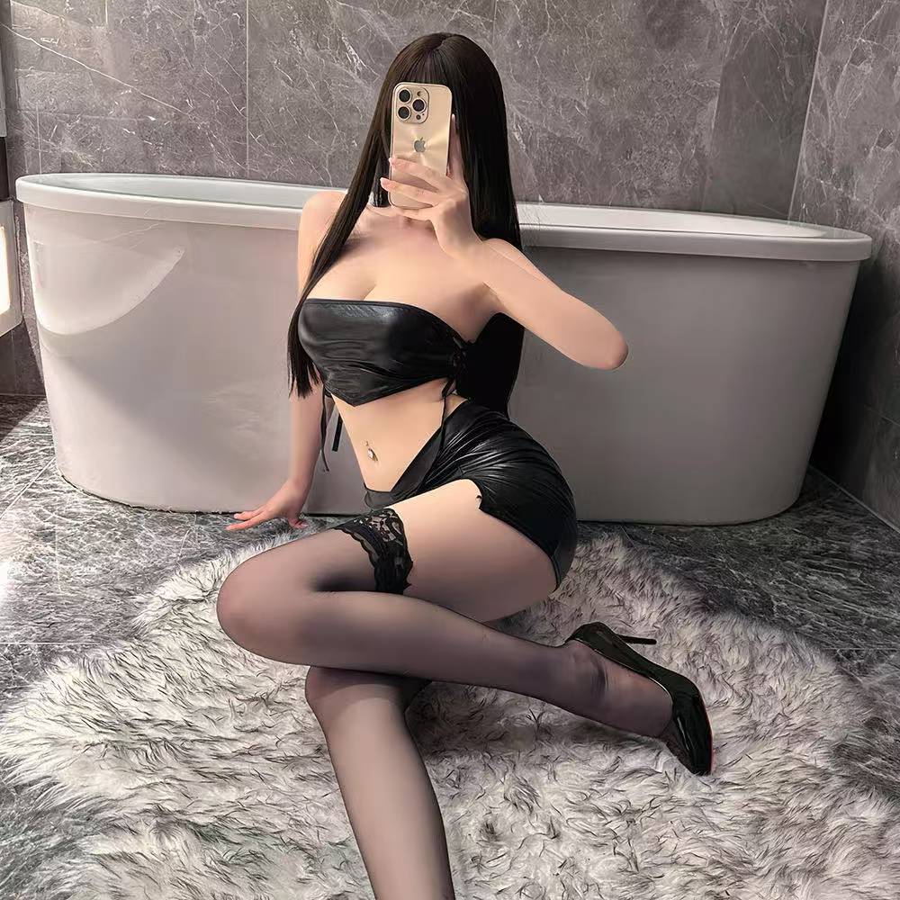 Strapless Tube Top Lingerie Set with Mini Skirt and Thong, Polyester Uniform-Style Costume — detail image 5