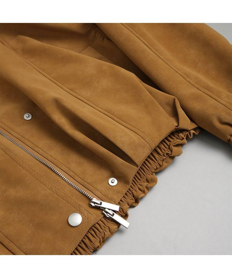 Áo khoác nữ dáng rộng cổ đứng phối lệch phong cách vintage, form suông thoải mái, khóa kéo tiện dụng — Brown Original Vải Nâng cấp chi tiết 7