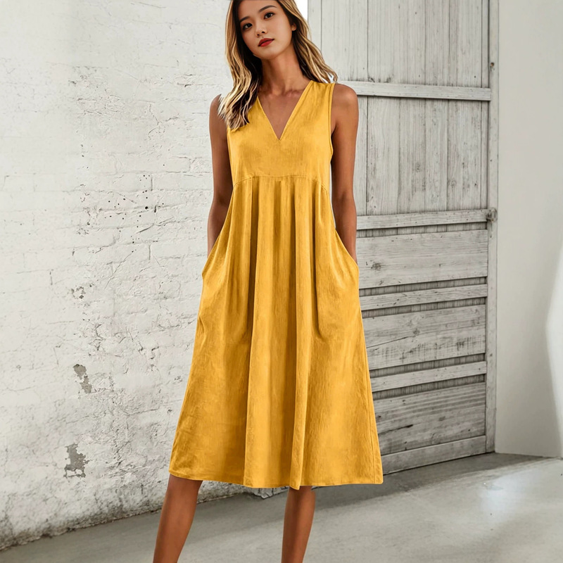 European and American Cross-Border Linen Dress for Women, Summer V-Neck Sleeveless Mid-Length Casual Loose Pocket Long Dress