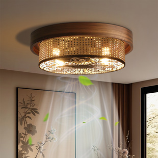Song-Style Oriental Design Aesthetic Oak Rattan Fan Ceiling Lamp High Wind Silent Fan Lamp Bedroom Living Room Lamp