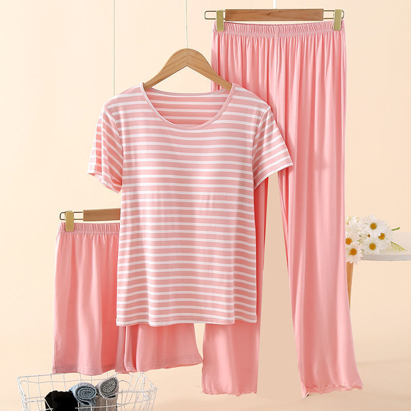 Modal Women's Striped Short-Sleeved One-Piece Bra-Free Half-Sleeved Loose Three-Piece Home Clothes with Breast Pads, Ultra-Thin