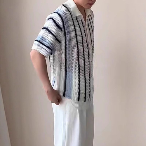 Men's Mesh Sheer Striped Knit Open-Front Top with Relaxed Fit Casual Workwear Crewneck T-shirt