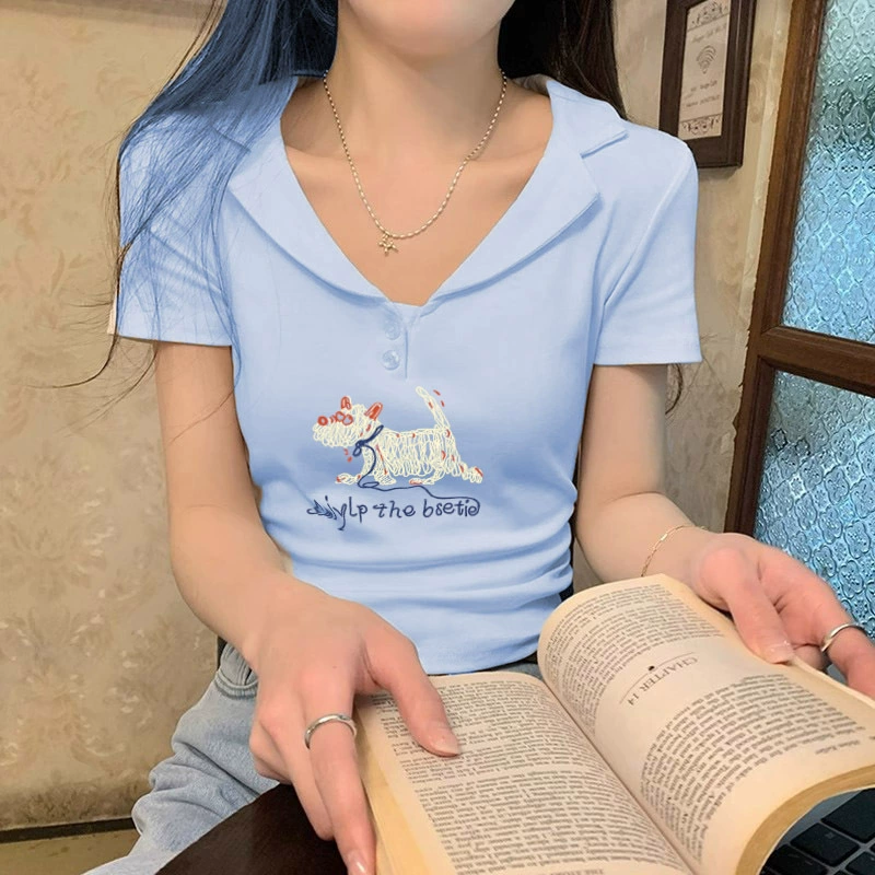 多巴胺蓝色POLO衫短袖T恤女夏季修身收腰褶皱独特别致小众上衣ins