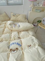 Nappe nappe small bear Ins pure and complete cute embroidery washable cotton four-piece set for student dormitory bed sheet and duvet cover bedding