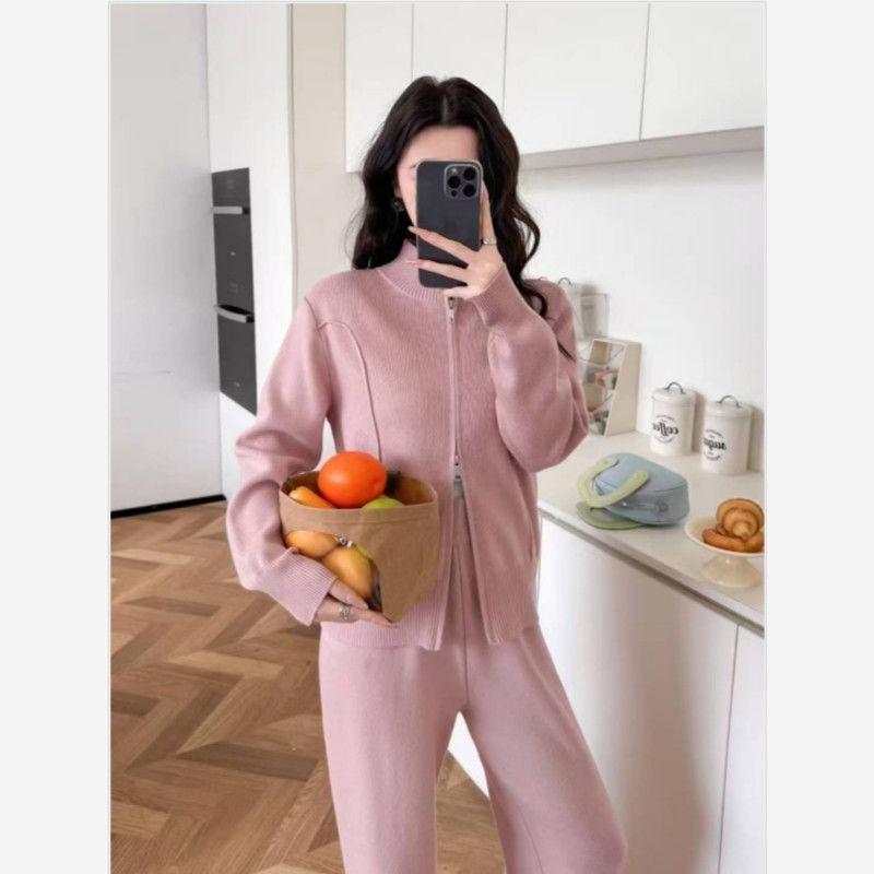 欧货休闲运动套装女2025秋冬新款韩版宽松慵懒风针织阔腿裤两件套|undefined
