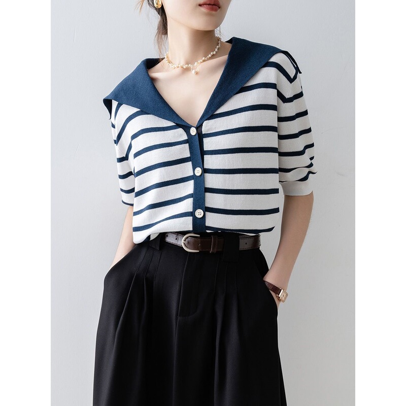 Blue Striped Ice Silk Knitwear Women's Summer New Cardigan with Navy Collar, Contrasting Colors, Thin and Chic Short-Sleeve Top Blue Striped Ice Silk Knitwear Women's Summer New Cardigan with Navy Collar, Contrasting Colors, Thin and Chic Short-Sleeve Top