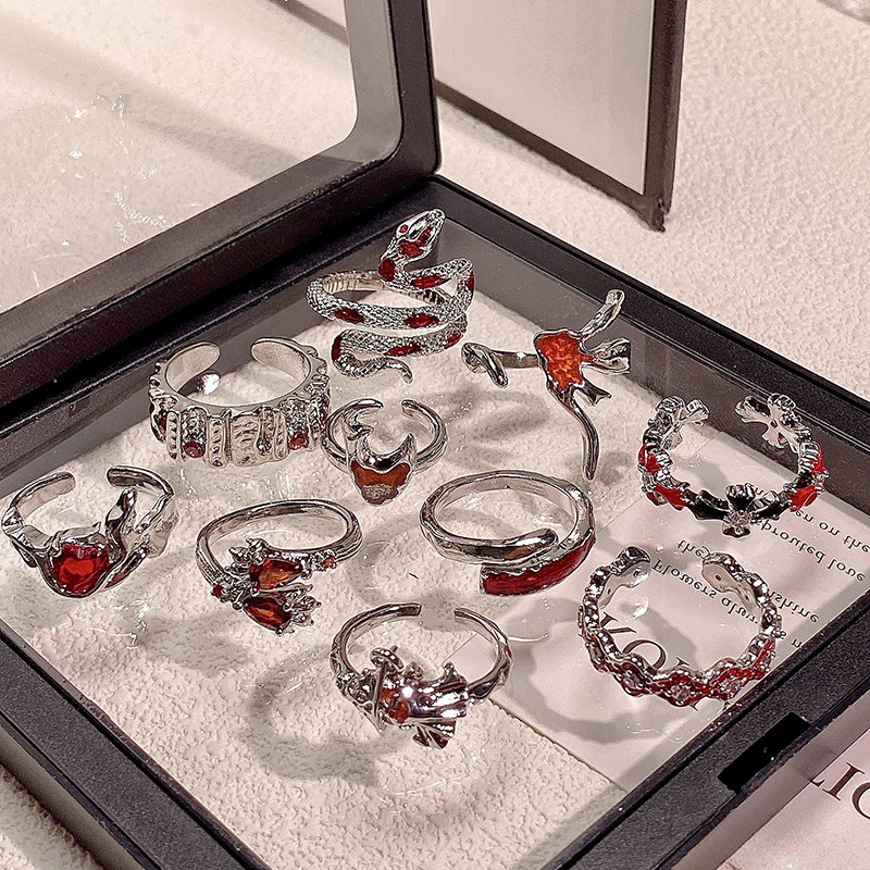 紅色高級感戒指女ins疊戴百搭冷淡指環小眾設計感時尚單身食指戒