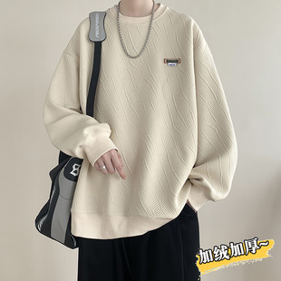 Jacquard American heavyweight sweatshirt for men in autumn and winter plus velvet thickened 2023 new trendy brand pullover round neck long sleeve T-shirt