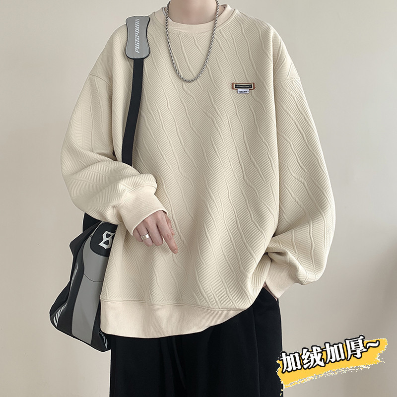 Jacquard American Heavyweight Sweatshirt Men's Autumn and Winter Velvet Thickeneded 2023 New Trendy Brand Pullover Round Neck Long-Sleeved T-Shirt