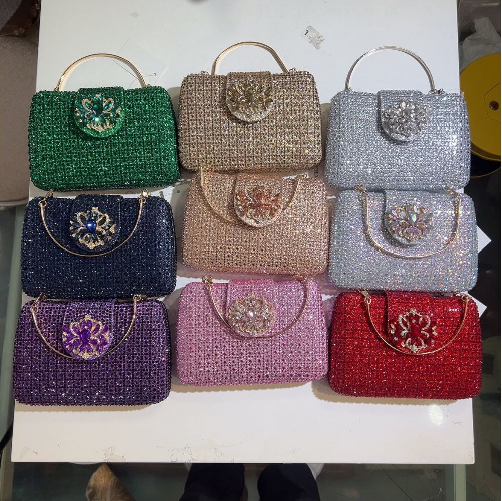 Túi clutch nữ đính đá pha lê dự tiệc sang trọng 19×13.5×4 cm — sâm panh chi tiết 16