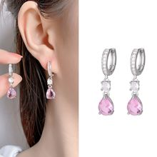 韩系百搭通勤S925镀银水滴锆石耳坠小众高级感粉色水晶锆石耳圈
