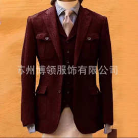西装新款男士西装套装人字纹修身商务休闲宴会婚礼套装西装礼服