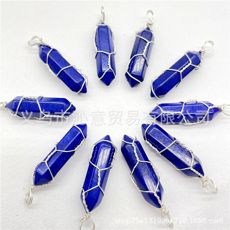 Comercio exterior caliente bobina hexagonal columna colgante collar de cristal natural hecho a mano de plata hilo bala joyería al por mayor