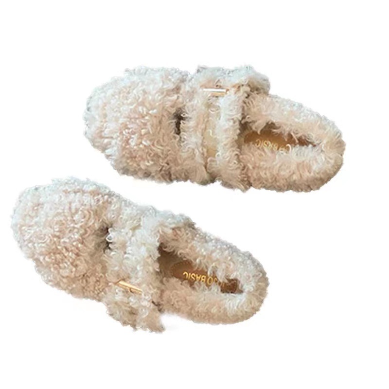 Tamanho grande sapatos peludos para outono e inverno exterior usar nova sola plana internet celebridade encaracolado mais gorro de veludo única mulher_voghion.com