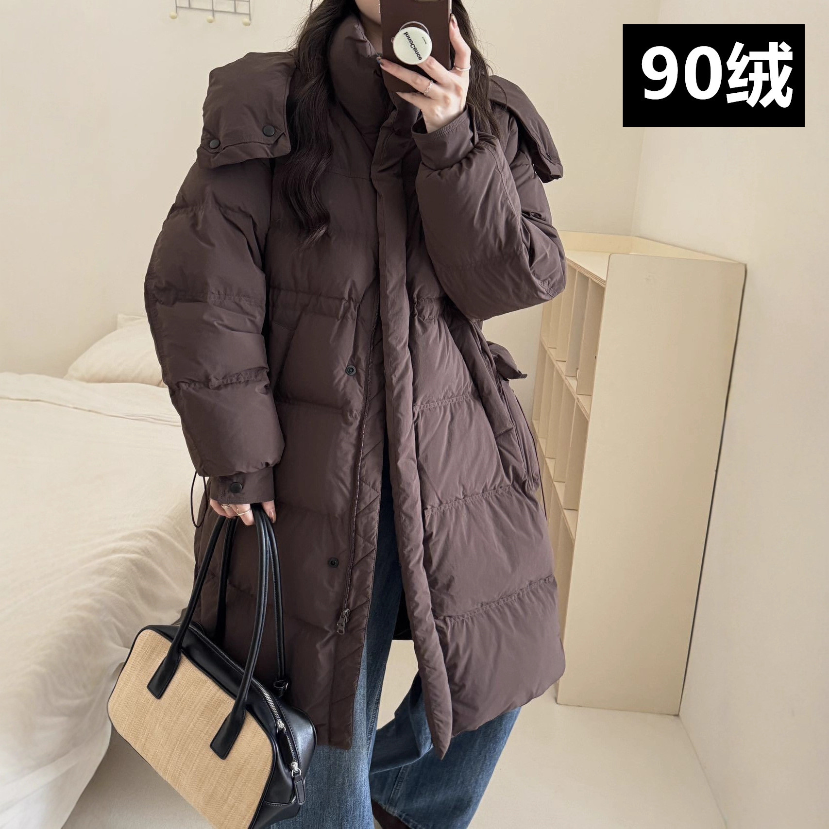 2025 New Winter down Jacket Women's Long Knee-Length Thickeneded 90 White Duck down Hooded Drawstring Waist Large Size Jacket