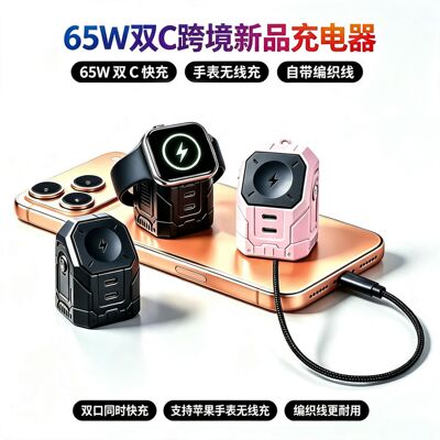 适用65W氮化镓快充充电头双C口苹果手表无线充电器自带编织数据线