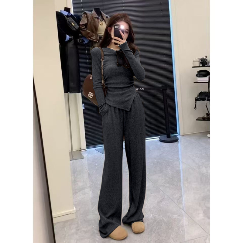 欧美跨境亚马逊不规则纯色修身上衣女春秋高腰阔腿长裤休闲两件套|undefined