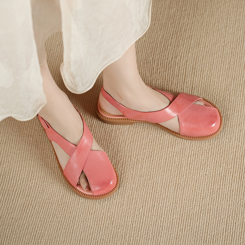 Dép sandal nữ quai chữ V đơn giản da bò mềm đế bệt — màu hồng