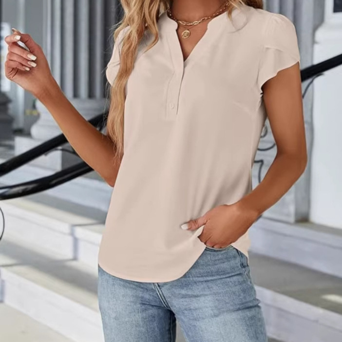 2026 New European and American Cross-Border Amazon Shopee Women's Casual Tops Business Solid Color Shirts V-Neck T-Shirts Short Sleeves