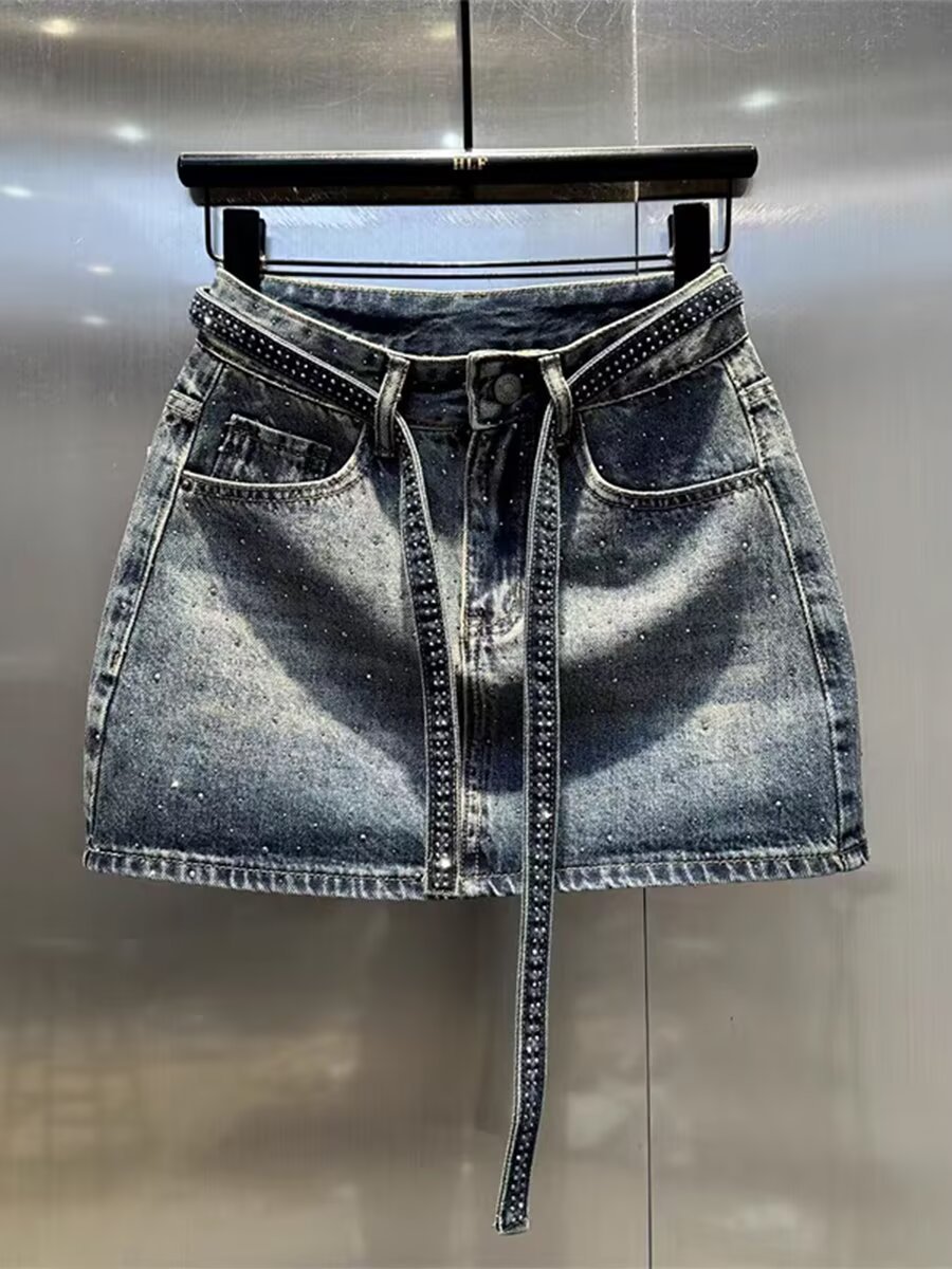 Retro Farbverlauf Denim Midi Rock Mit Strass Hochtailliert Slim_voghion.com