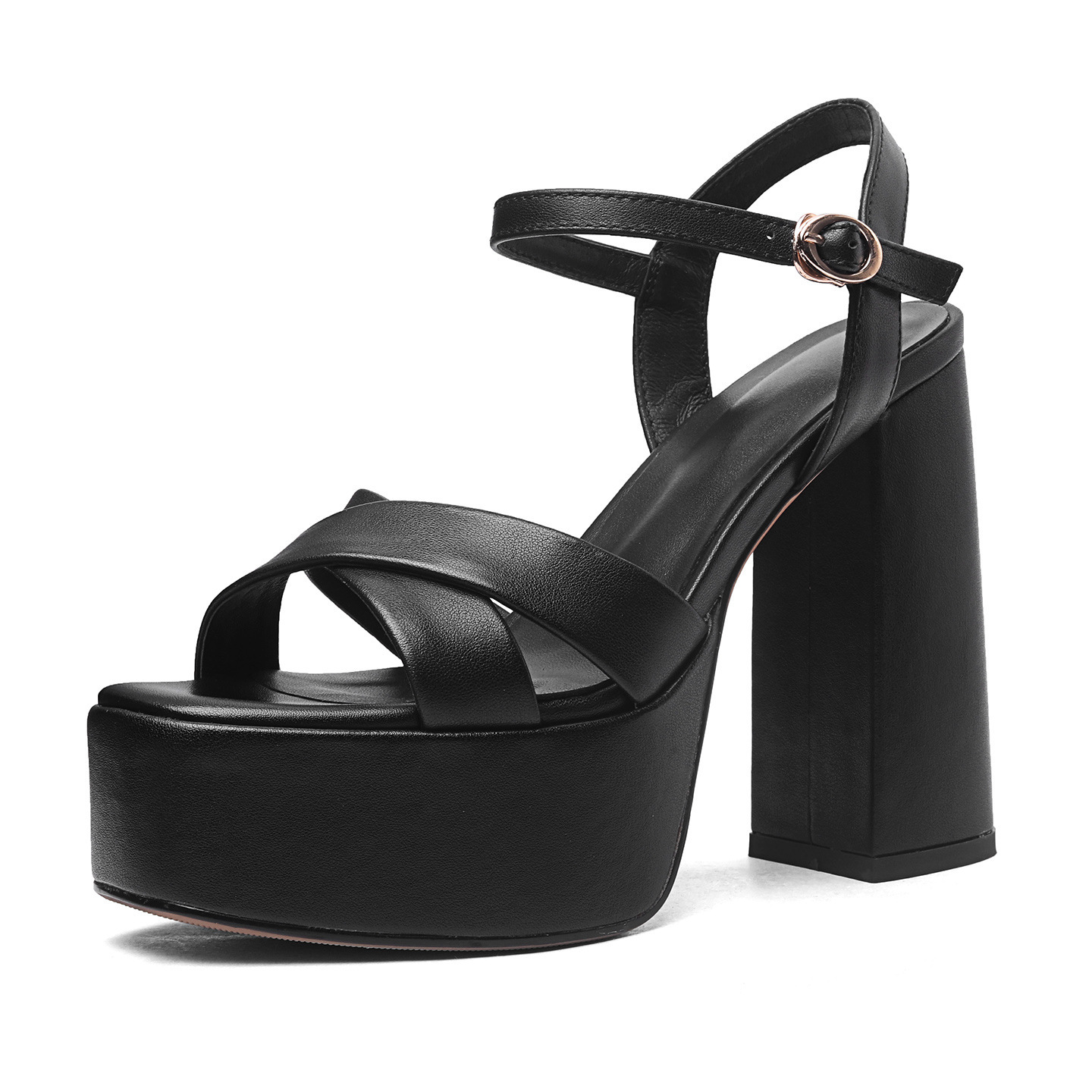 Sandal cao gót nữ hở mũi quai ngang khóa, gót 12 cm — Da bò trắng gạo