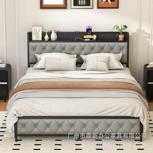 Full Size Bed Frame with Button Headboard with Storage Pocket with Socket Easy Installation Stable Noiseless Cross-Border