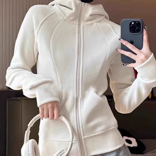 修身卫衣外套女春秋冬季新款加绒杏色瑜伽运动连帽上衣服套装