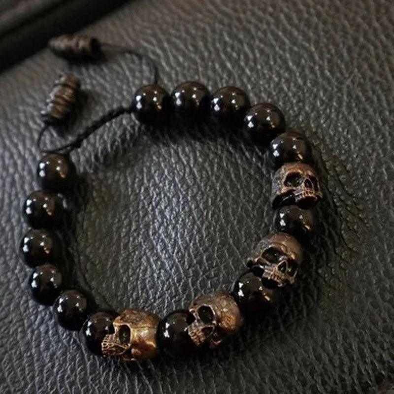 Cross-Border Hot-Selling Men's Anti-Anxiety Skull Bracelet, Black Onyx Stress-Relief and Healing Woven Bracelet