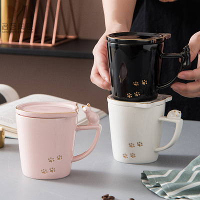 创意带盖陶瓷猫咪杯子 卡通可爱萌物猫尾咖啡杯 立体动物马克水杯|ms