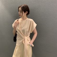 韩国chic夏季减龄时尚小众优雅高级感立领斜褶独特设计衬衫上衣女