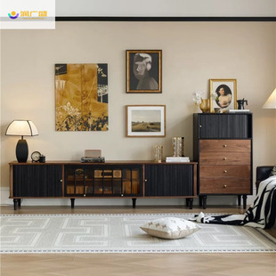 Runguangsheng Retro Wabi-Sabi Style Black Walnut Color Tv Cabinet Light Luxury Black Living Room Side Cabinet Antique Style Cupboard