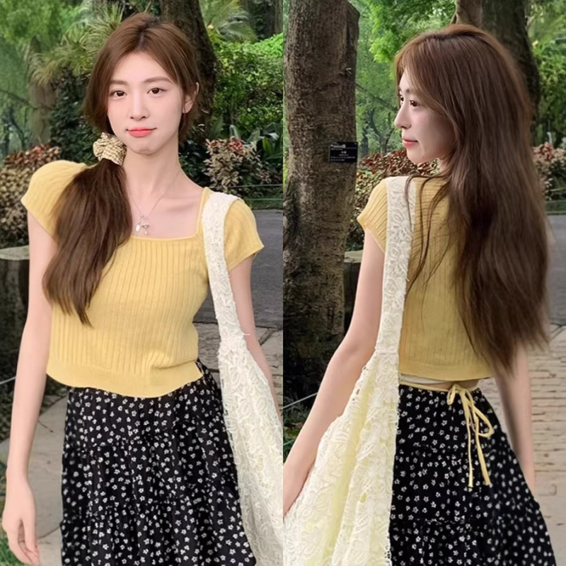 Yellow Square-Necked Short-Sleeved Knitted Sweater with Tie Back on the Back, New Summer Style Women's Korean-Style Blouse, Gentle Style Top Yellow Square-Necked Short-Sleeved Knitted Sweater with Tie Back on the Back, New Summer Style Women's Korean-Style Blouse, Gentle Style Top