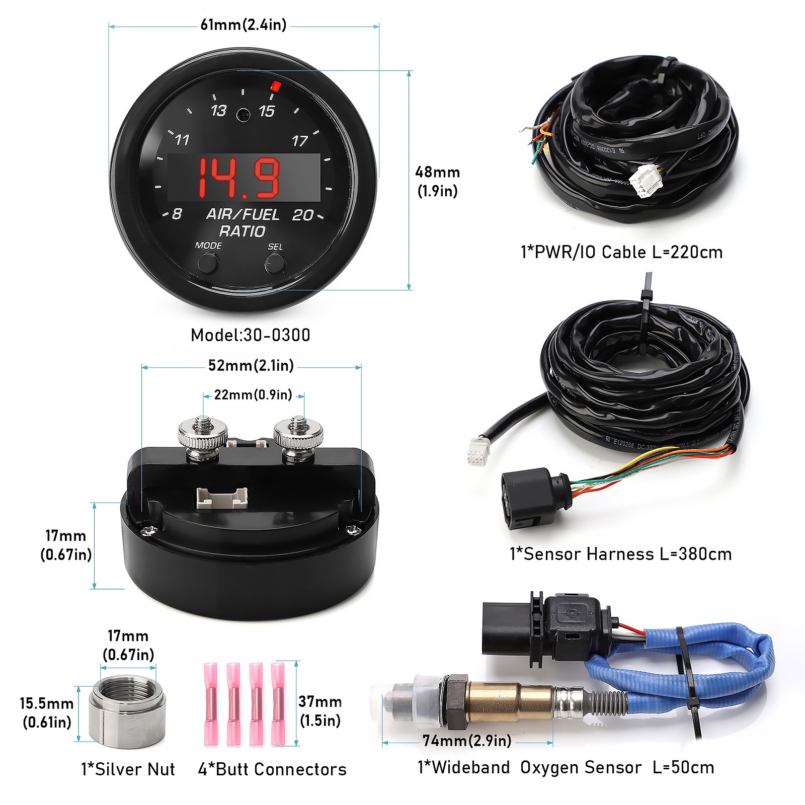 Car Modification Wide-Range Air-Fuel Ratio Gauge 52mm Air-Fuel Ratio Meter with Wide Oxygen Sensor Set Lsu4.9