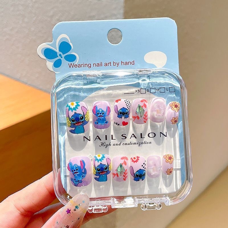 Uñas postizas removibles para niñas, en caja, con diseños de dibujos animados, pegatinas de uñas exquisitas, piezas de uñas.