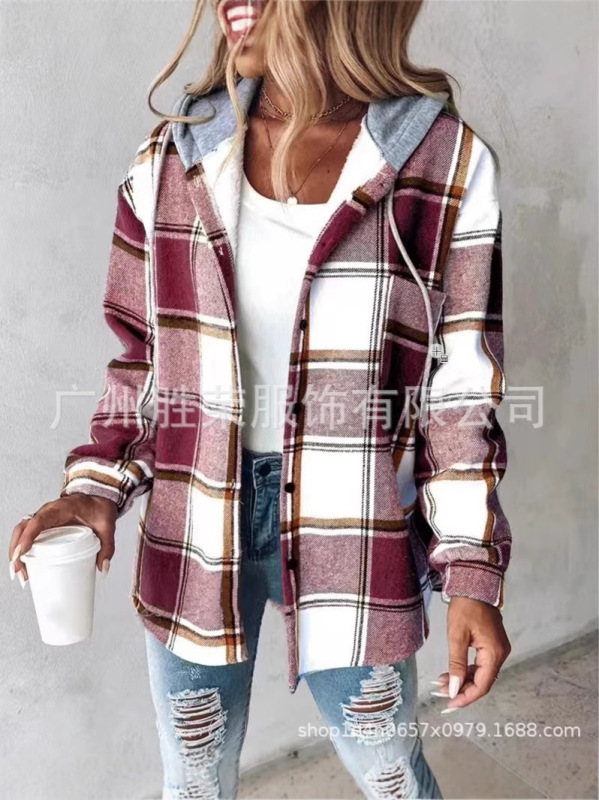 2025 新しいクロスボーダー外国貿易ヨーロッパとアメリカの服アマゾン秋冬ホットスタイル大きなチェック柄プリントフード付きジャケット|undefined