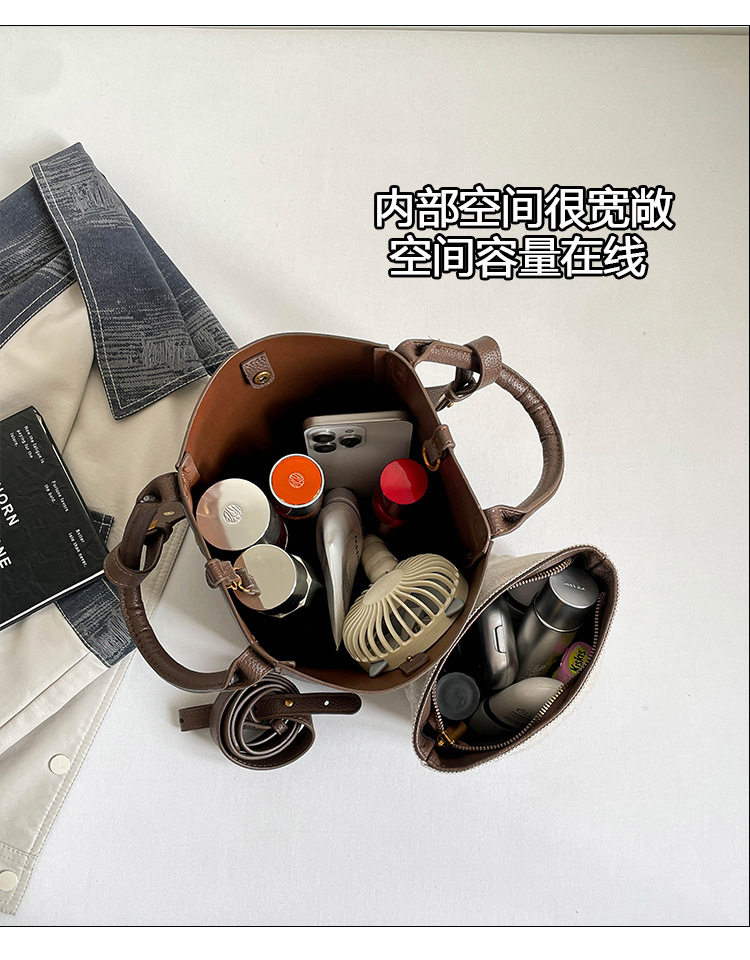 Túi xách tay nữ dạng thùng nước da PU phong cách thanh lịch, đeo vai hoặc đeo chéo — Màu cà phê Không có mặt dây chuyền, Màu nâu không có mặt dây chuyền, Màu xanh lá cây không có mặt dây chuyền, Voi xám không có mặt dây chuyền chi tiết 6