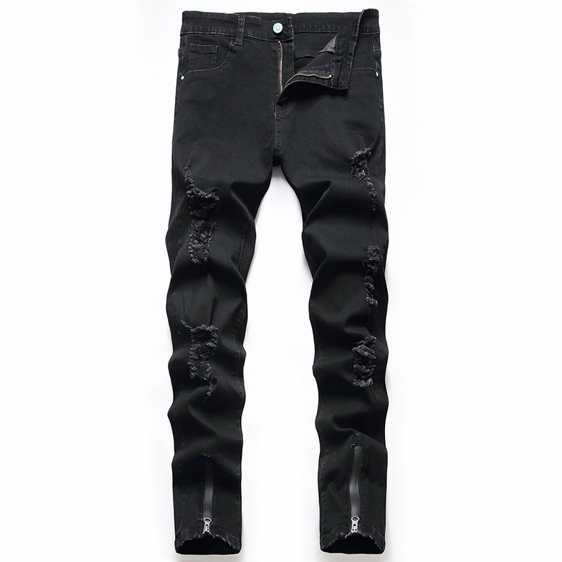 Calça jeans masculina nova, desgastada, moderna e casual, com perna reta elástica_voghion.com