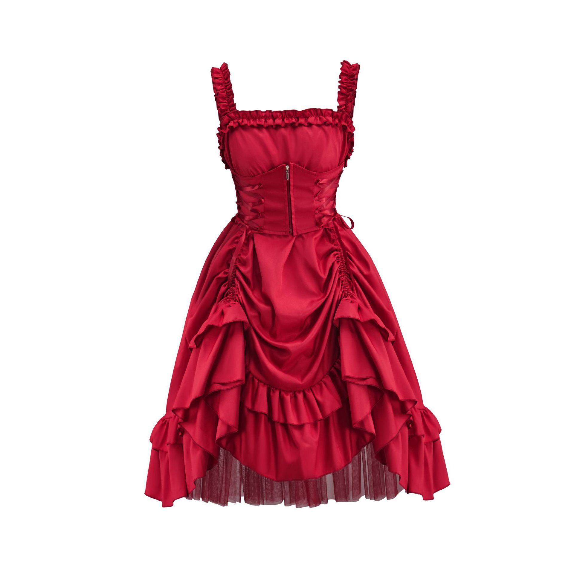 European and American Lolita Cosplay Gothic Ball Gown Dress Slim Irregular Lace-Up Waist Lace Red Dress