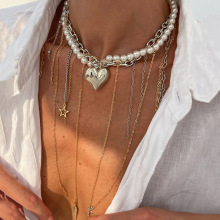 欧美跨境时尚金属星月流苏项链 设计感心形十字架仿珍珠缠绕颈链