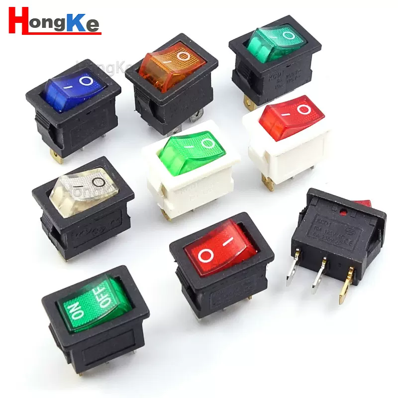 KCD1带灯船型开关 三脚二档 跷板电源开关 红黄蓝绿灯色 220V 12V