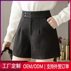 秋冬休闲毛呢短裤女 高腰黑色显瘦时尚外穿阔腿A字短裤子打底靴裤