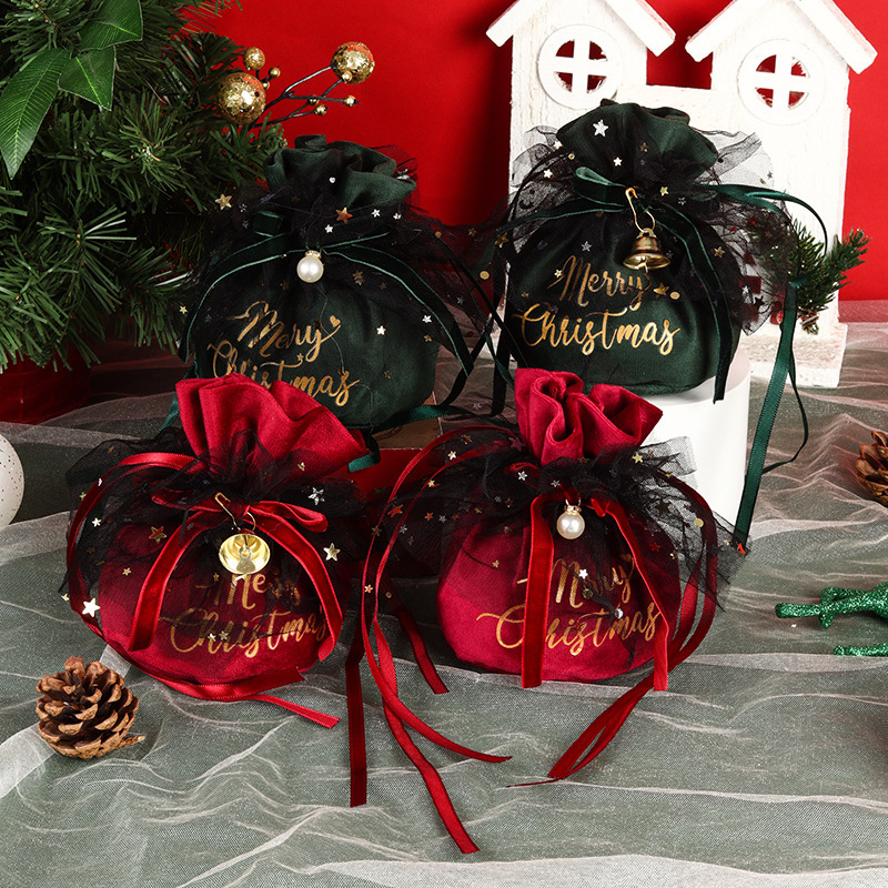 圣诞节苹果包装袋平安夜丝绒束口包装糖袋圣诞装手提袋厂家直销