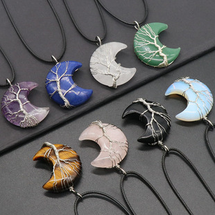 Amethyst Green Aventurine Tiger Eye Moon Wire Pendant Rose Quartz Obsidian White Crystal Opal Leather Cord Necklace