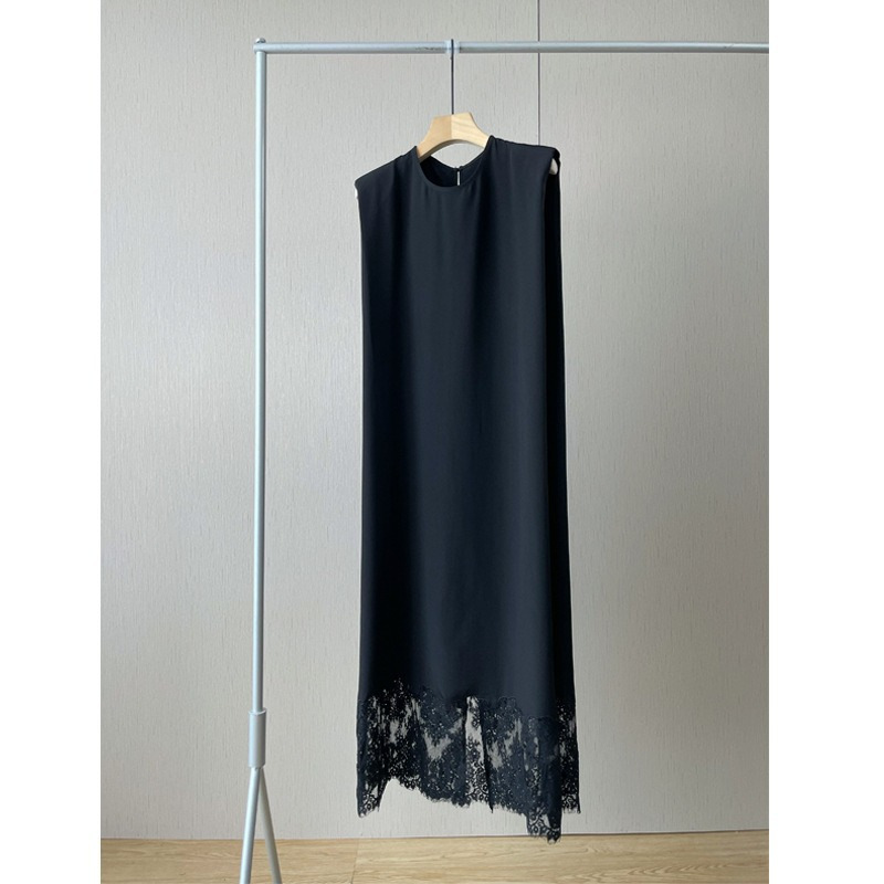 Spot Qianjian New Style Draped Loose Black Dress Summer Spliced Lace 24 Back Slit Sleeveless Vest Long Skirt