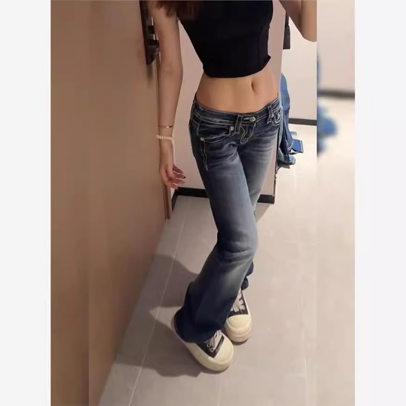 美式个性烫钻刺绣牛仔裤子女2025春y2k千禧风辣妹低腰拖地裤|undefined