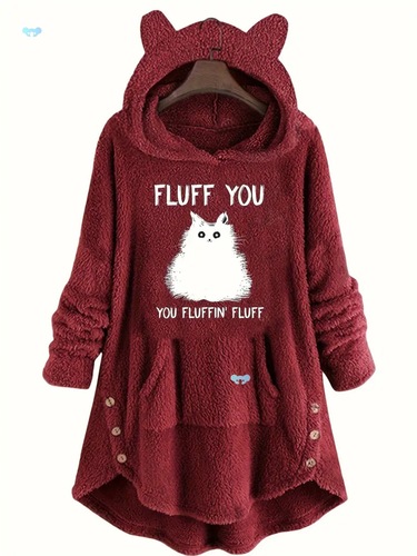 Cozy Cat Print Hoodie with Kangaroo Pocket Casual Long Cross-border