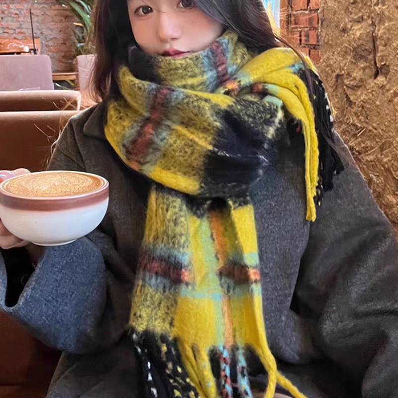 2024 New Imitation Cashmere Winter Women's High-end Sense Thickened Mahair Scarf Women's Warm Distinctive Plaid Scarf Soft