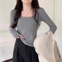 金韩法式正肩抓绒保暖长袖T恤女春秋冬方领修身显瘦打底小衫 包邮